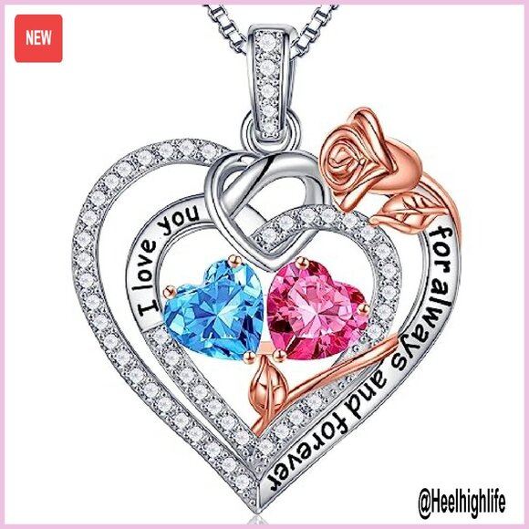 925 Sterling Silver Double Birthstone Necklace Heart Pendant Gift - Picture 2 of 8